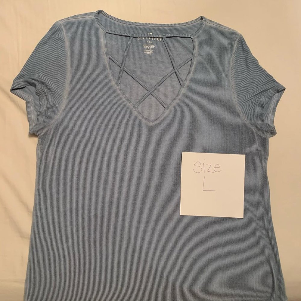 Blue Distressed Ribbed Top